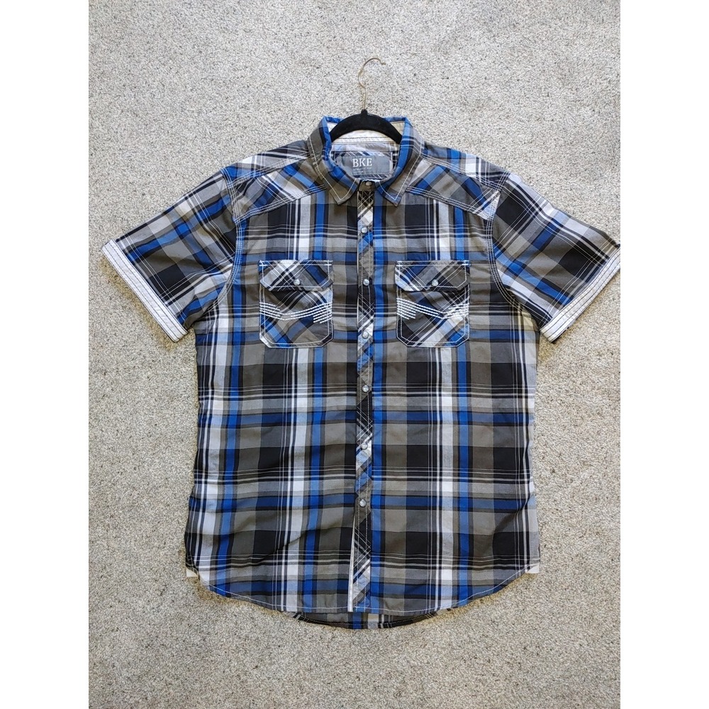 BKE Western Plaid Blue Black Pearl Snap Shirt Men's Athletic Fit Med Cowboy